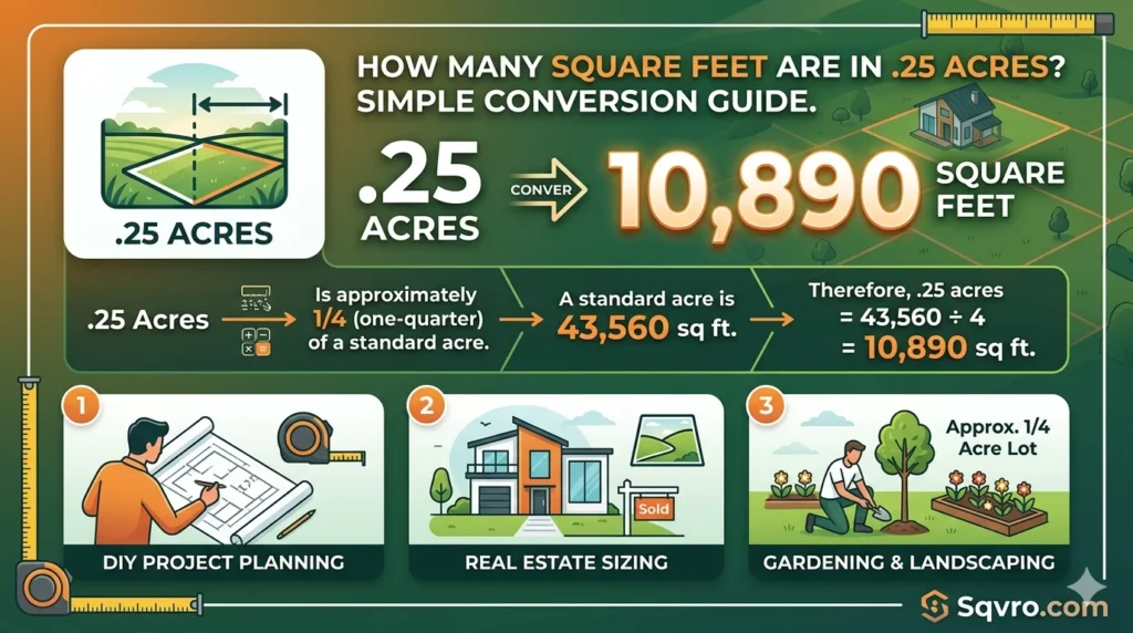 Infographic showing the conversion of how many feet is 0.2 5 acres