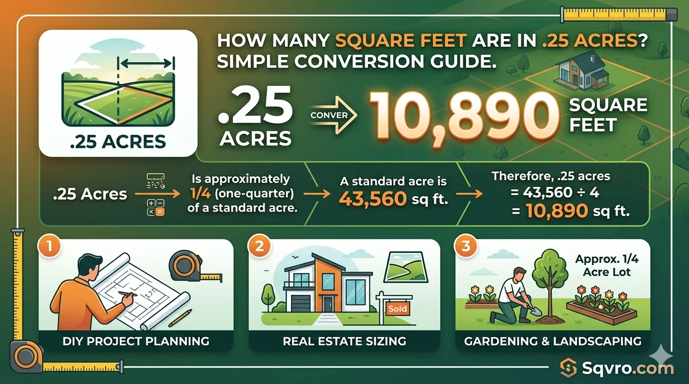 Infographic showing the conversion of how many feet is 0.2 5 acres