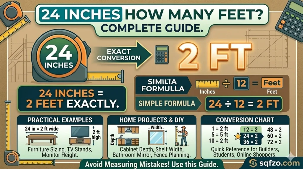 Infographic showing that 24 inches how many feet conversion guide