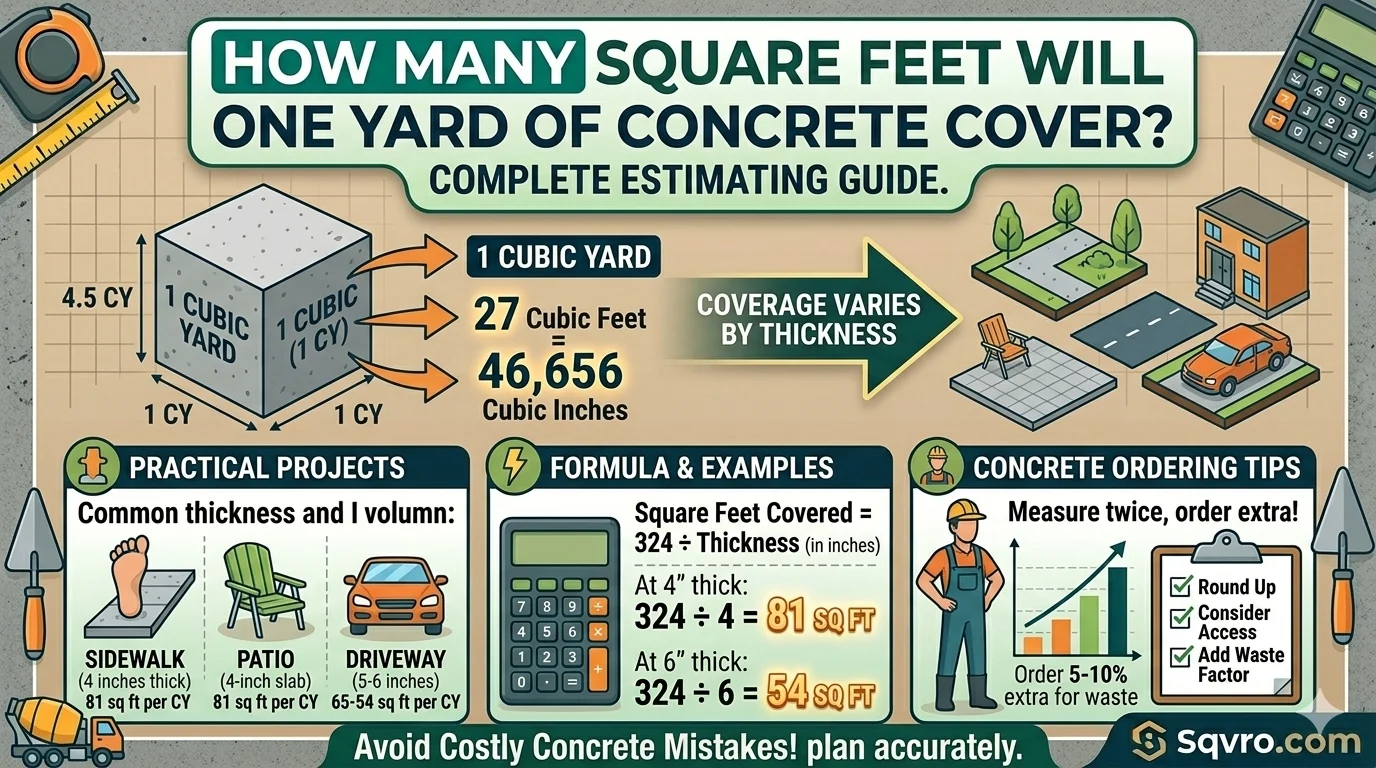 Infographic showing that How Many Square Feet Will One Yard of Concrete?Cover