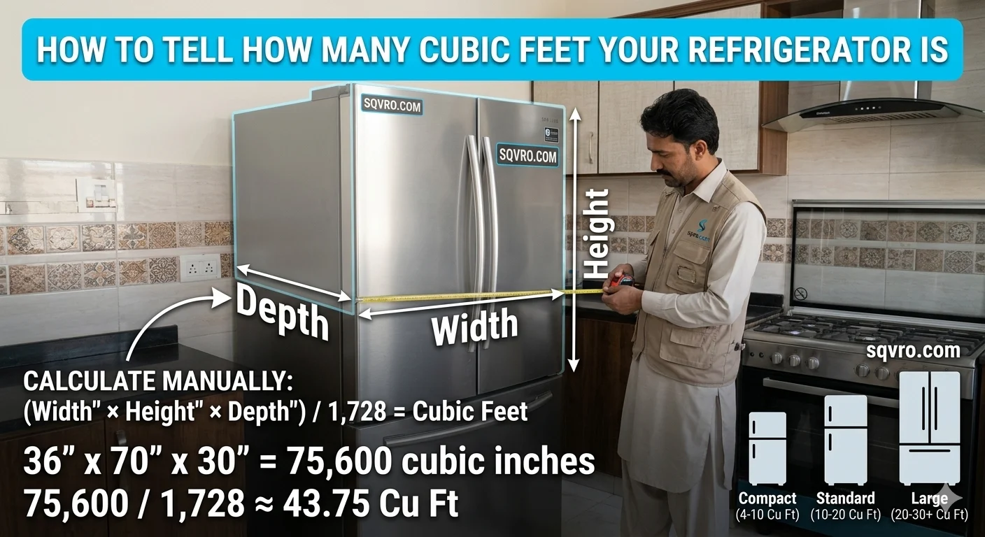 Infographic is showing that.How to Tell How Many Cubic Feet Your Refrigerator Is
