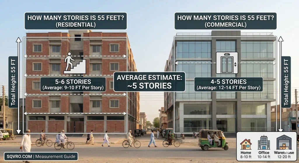Infographic is showing that How Many Stories Is 55 Feet? Complete Guide