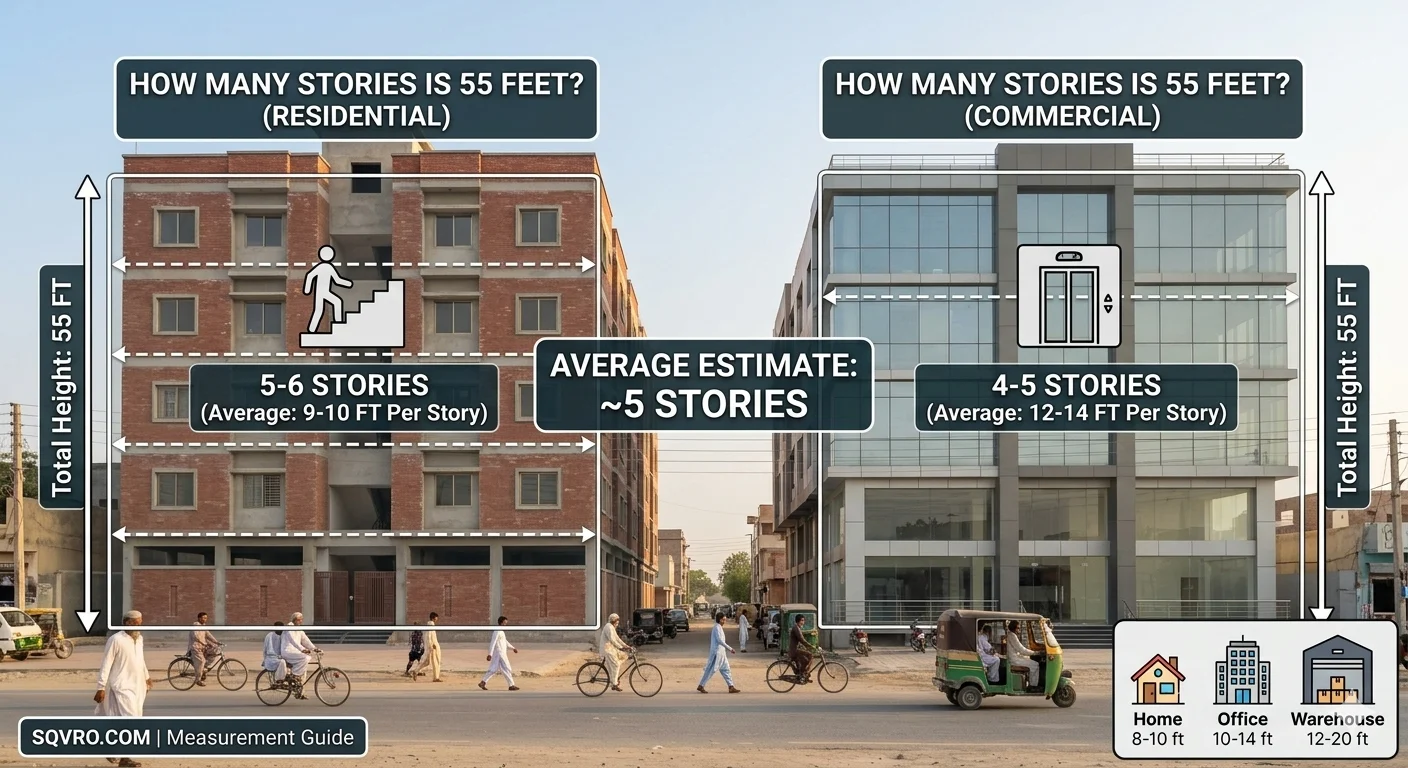Infographic is showing that How Many Stories Is 55 Feet? Complete Guide