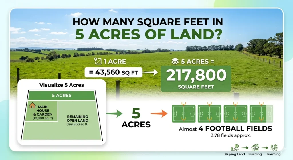 Infographic is showing that lHow Many Square Feet in 5 Acres of Land? Complete Guide