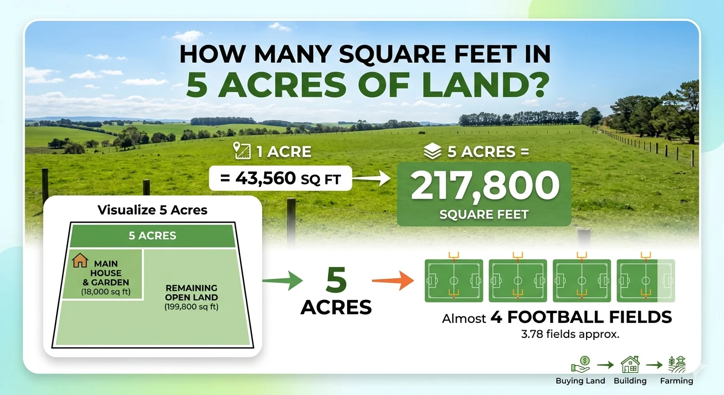 Infographic is showing that lHow Many Square Feet in 5 Acres of Land? Complete Guide
