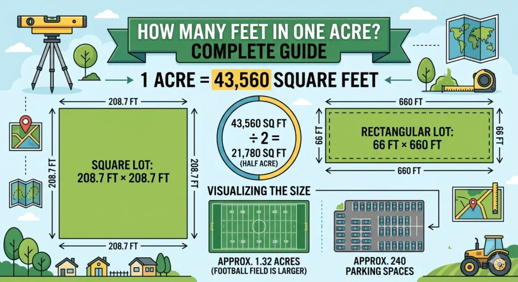 Infographic is showing thatHow Many Feet in One Acre? Complete Guide