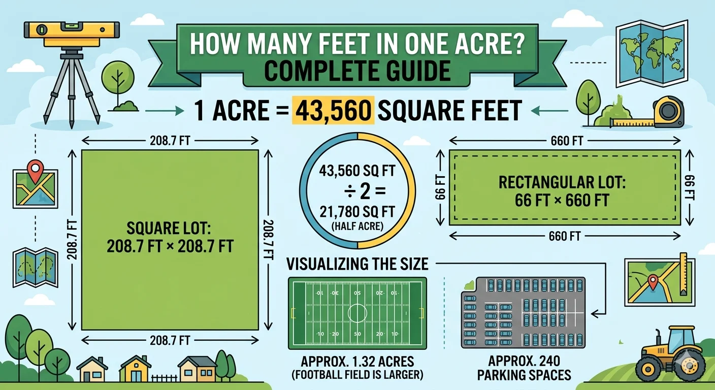 Infographic is showing thatHow Many Feet in One Acre? Complete Guide