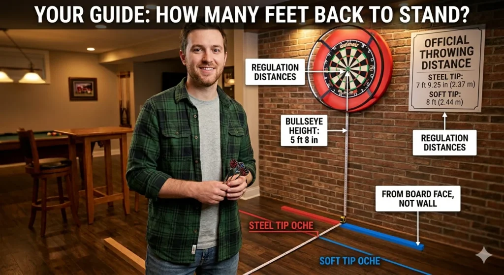 Infographic is showing that How Many Feet Back From a Dartboard?