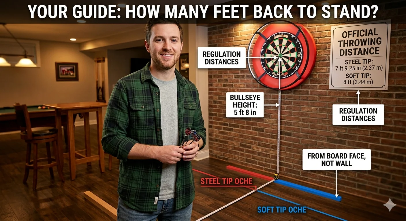 Infographic is showing that How Many Feet Back From a Dartboard?