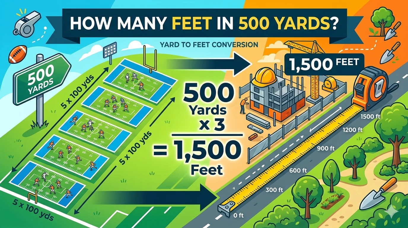 Infographic is showing that How Many Feet in 500 Yards? Easy Conversion Guide