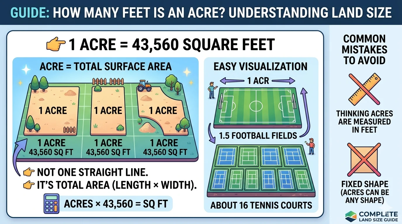 Infographic is showing that How Many Feet Is an Acre? Complete Size Guide