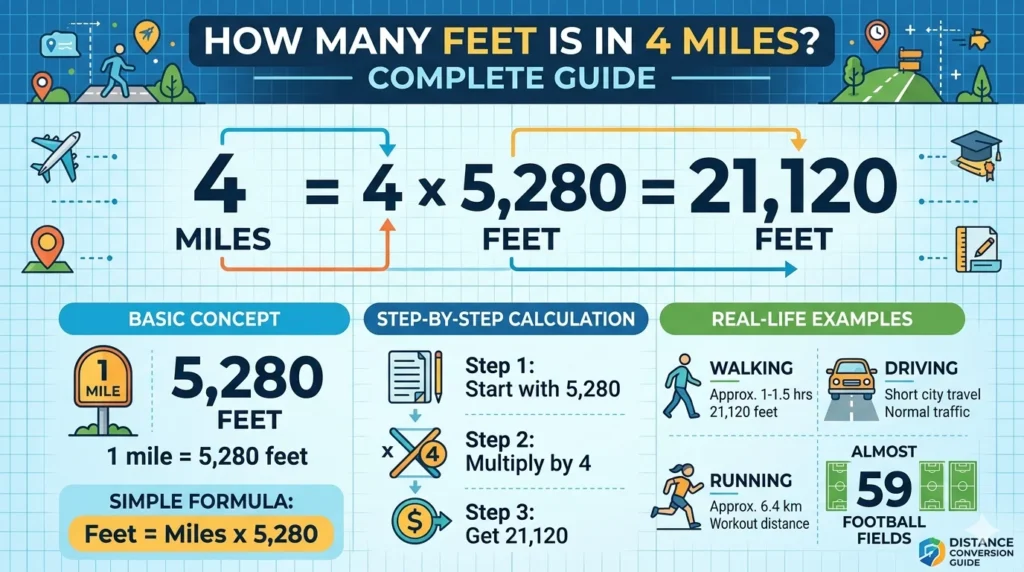 Infographic is showing that How Many Feet is in 4 Miles? Exact Conversion Guide