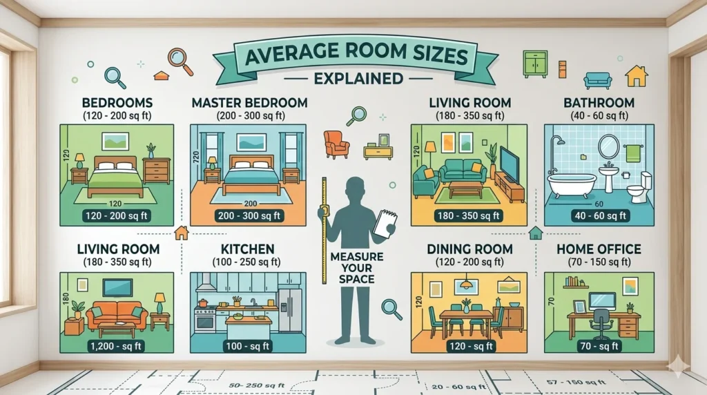 Infographic is showing that How Many Square Feet Is the Average Room?