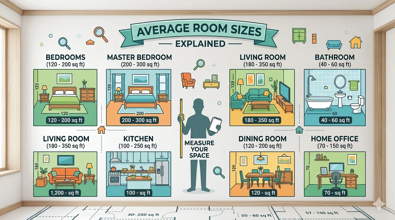 Infographic is showing that How Many Square Feet Is the Average Room?