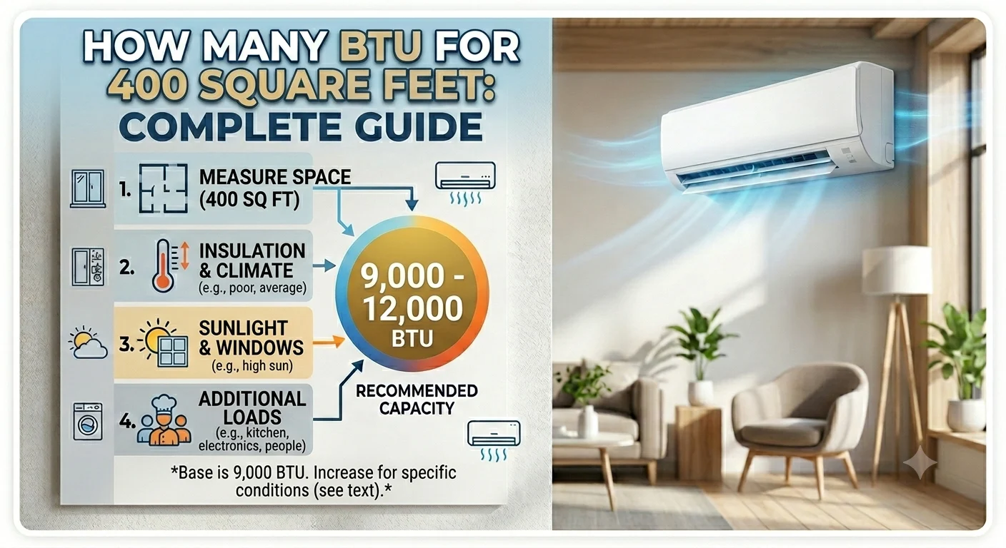 Infographic is showing that How many BTU for 400 square fet?