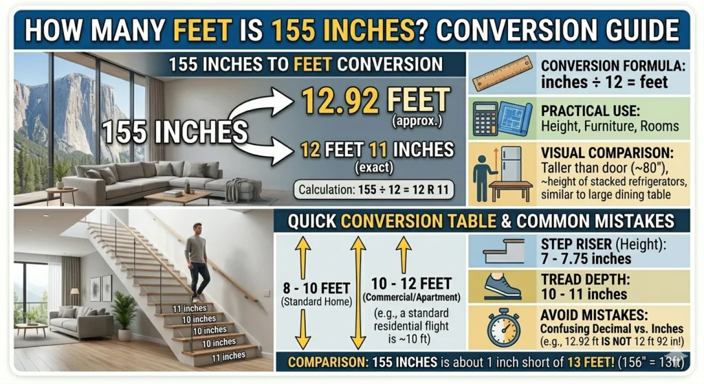 Infographic is showing that how many feet is 155 inches easy conversion guide