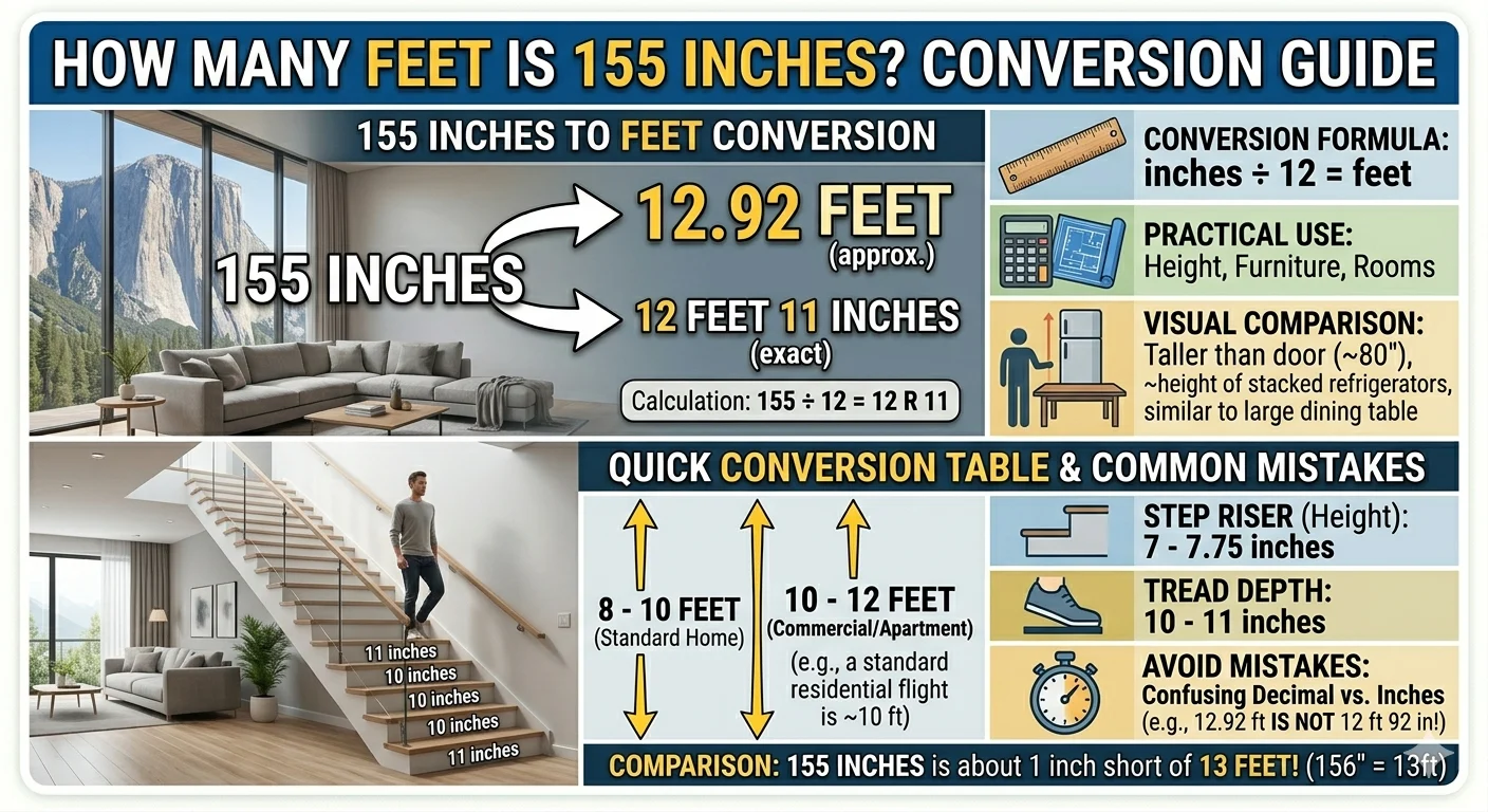 Infographic is showing that how many feet is 155 inches easy conversion guide