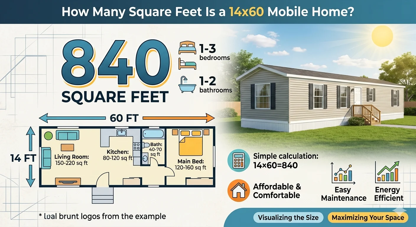 Infographic is showing that How many How Many Square Feet Is a 14x60 Mobile Home?