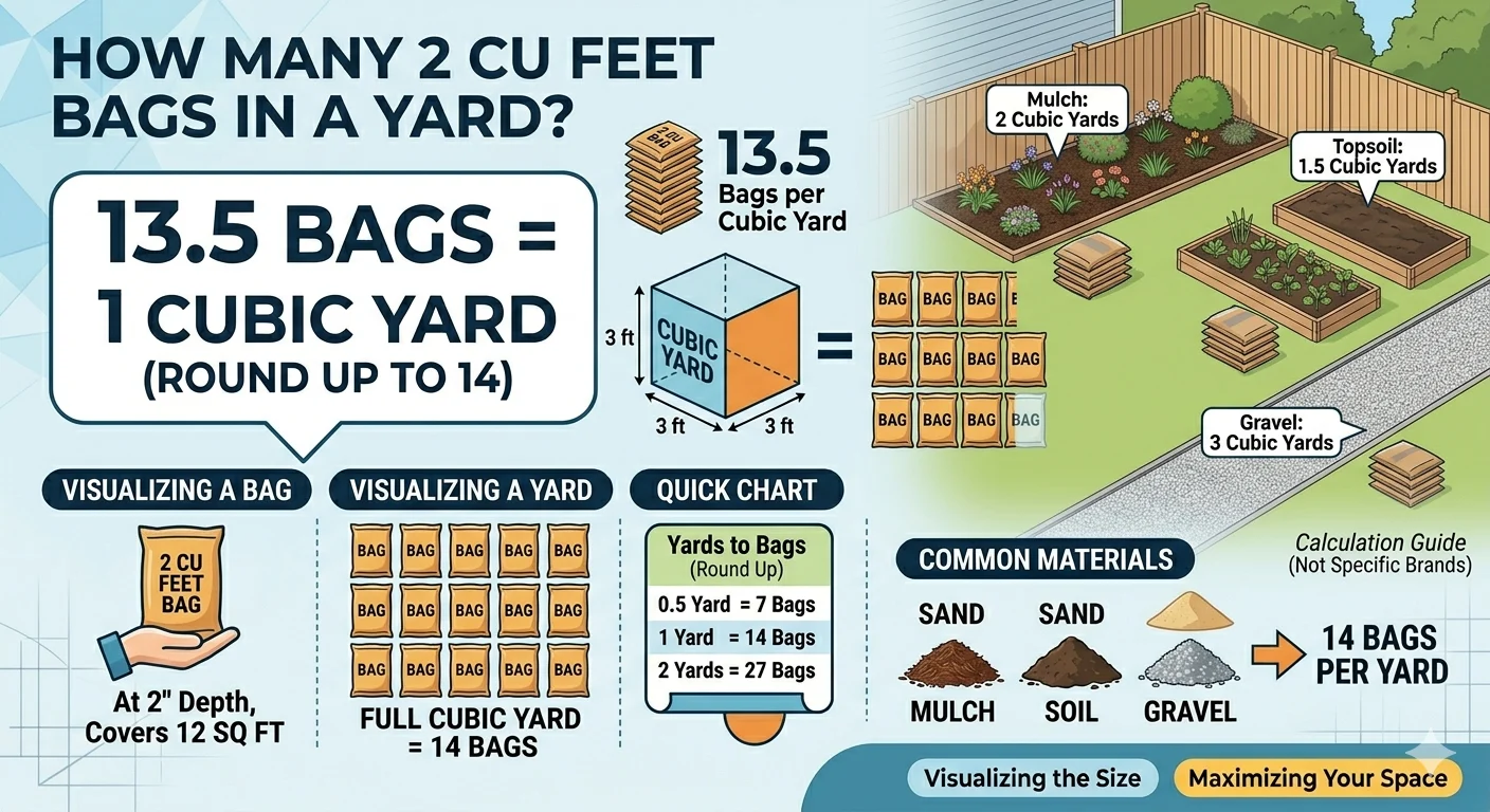 Infographic is showing that How Many 2 Cu Feet Bags in a Yard? Easy Calculator