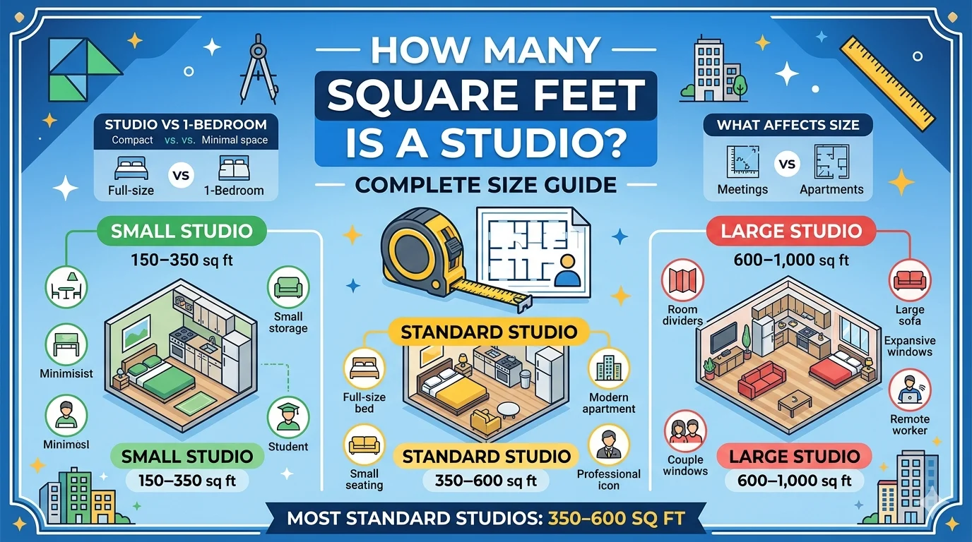 Infographic is showing that How Many Square Feet Is a Studio? Size Guide Explained