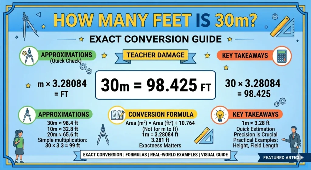 Infographic is showing that How Many Feet is 30m? Exact Conversion Guide