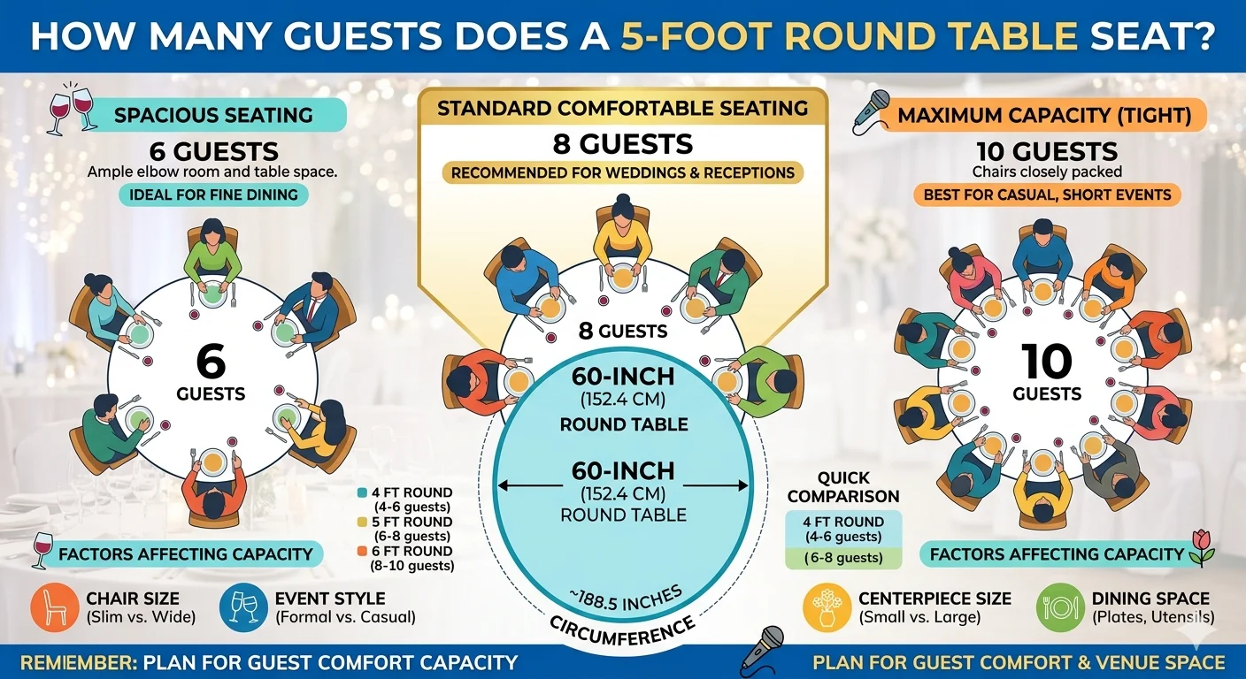 Interpret is showing that 5 Feet Round Table Seats How Many Guests Comfortably?