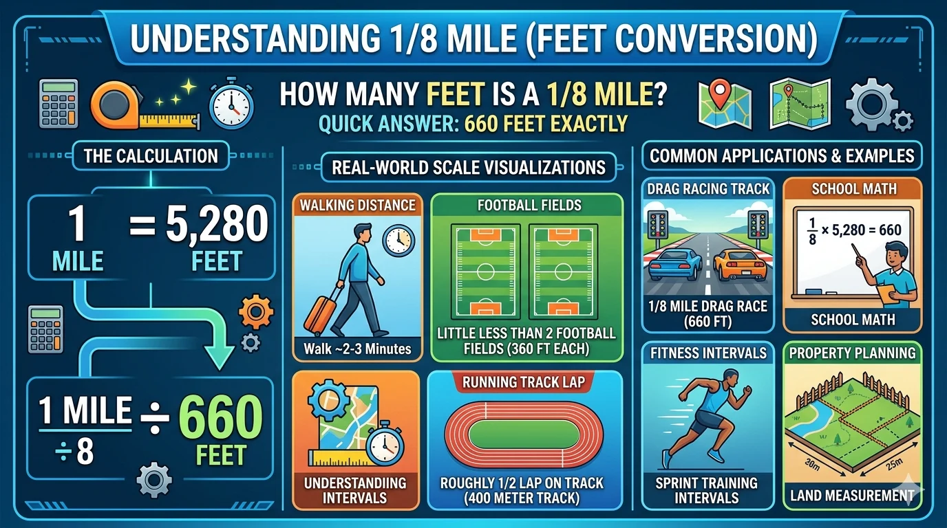 Infographic is showing that How Many Feet Is a 1/8 Mile? Easy Conversion Guide