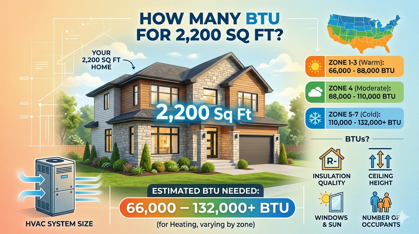 Infographic is showing that How Many BTU for 2200 Square Feet? Complete