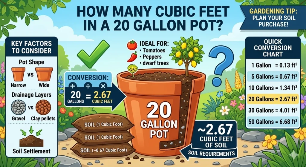Infographic is showing that How Many Cubic Feet in a 20 Gallon Pot? Easy Conversion Guide