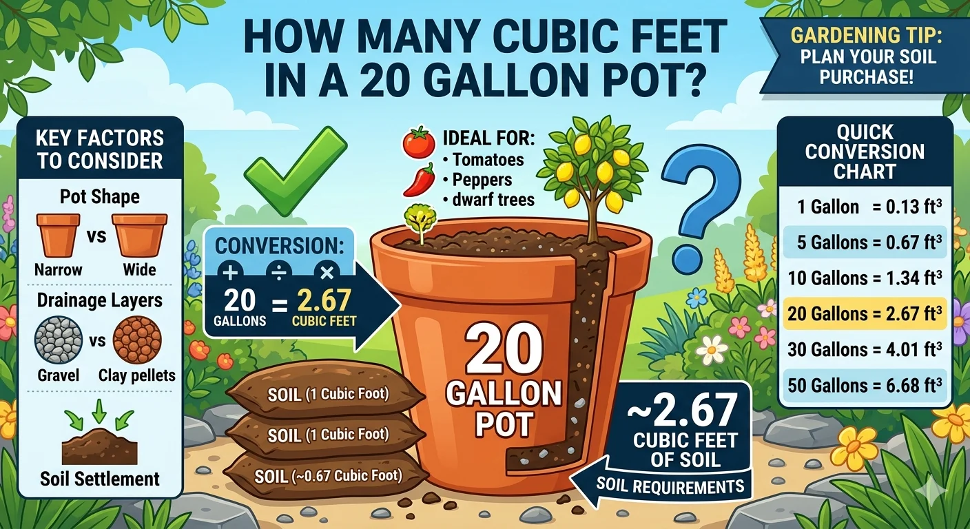 Infographic is showing that How Many Cubic Feet in a 20 Gallon Pot? Easy Conversion Guide