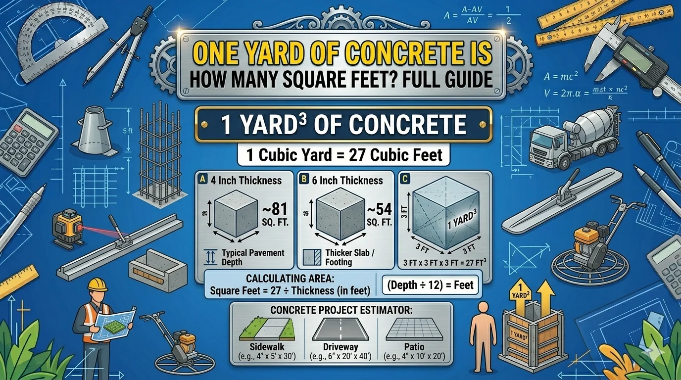 Infographic is showing that One Yard of Concrete is How Many Square Feet? Full Guide
