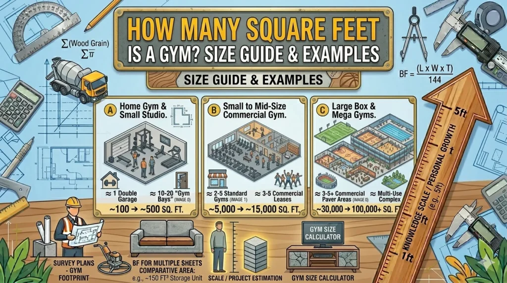 Infographic is showing that How Many Square Feet Is a Gym? Size Guide & Examples