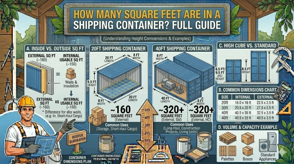 Infographic is showing that How Many Square Feet Are in a Shipping Container? Full Guide