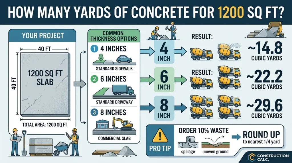 Infographic is showing that How Many Yards of Concrete for 1200 Sq Ft?