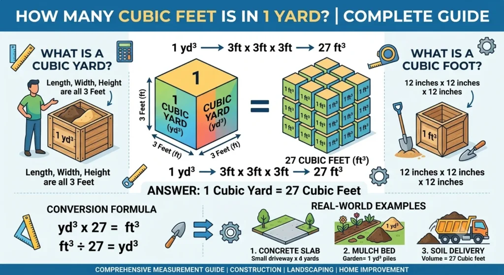 Infographic is showing that How Many Cubic Feet Is in 1 Yard? Complete Guide