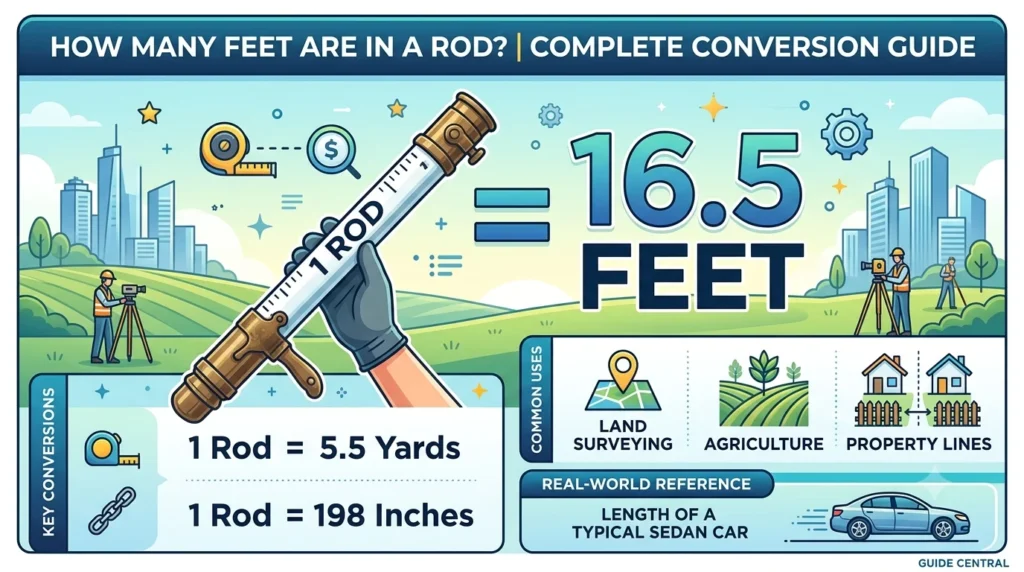 Infographic is showing that How Many Feet Are in a Rod? Complete Conversion Guide