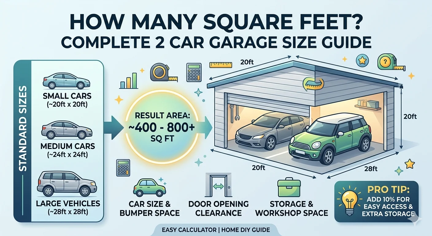 Infographic is showing that 2 Car Garage How Many Square Feet? Complete Size Guide