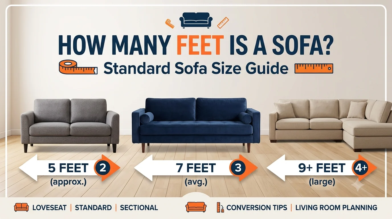 Infographic is showing that How Many Feet Is a Sofa? Standard Sofa Size Guide