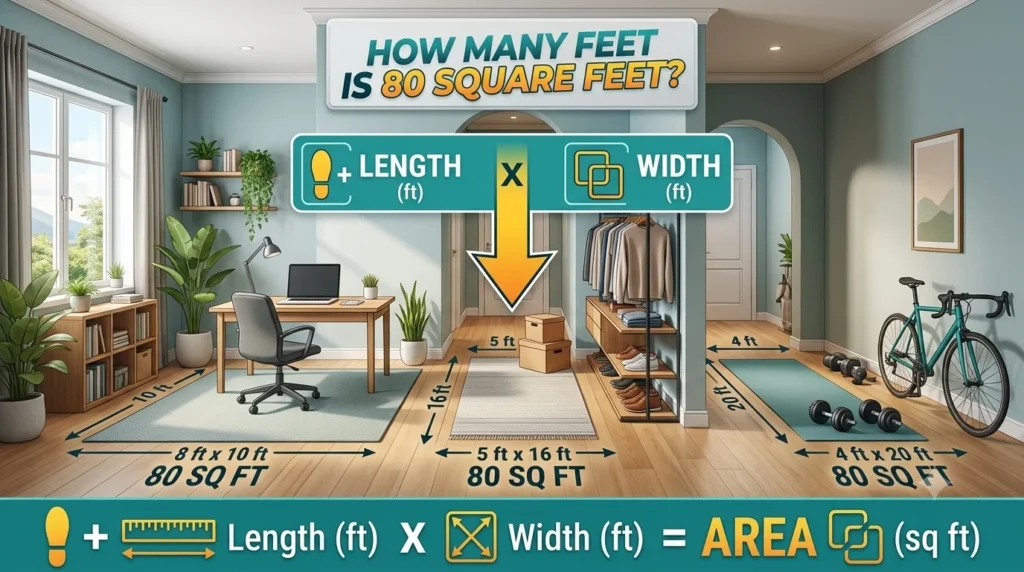 Infographic is showing that How Many Feet Is 80 Square Feet? Simple Size Guide