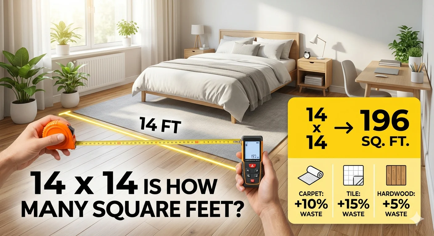 Infographic is showing that 14 x 14 Is How Many Square Feet? Easy Calculation Guide