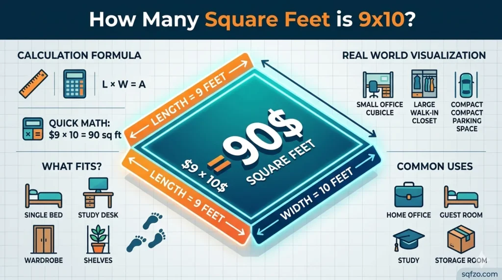 Infographic is showing that How Many Square Feet is 9x10? Exact Answer Explained