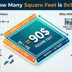 Infographic is showing that How Many Square Feet is 9x10? Exact Answer Explained