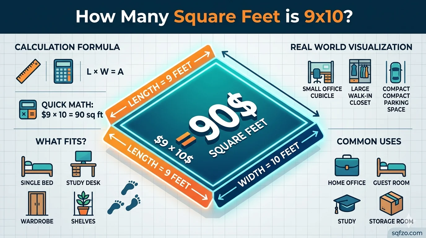 Infographic is showing that How Many Square Feet is 9x10? Exact Answer Explained