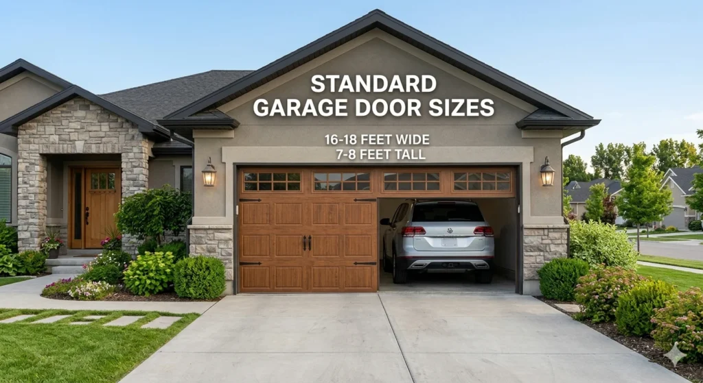 Infographic is showing that How Many Feet Is a Garage Door? Standard Sizes Explained