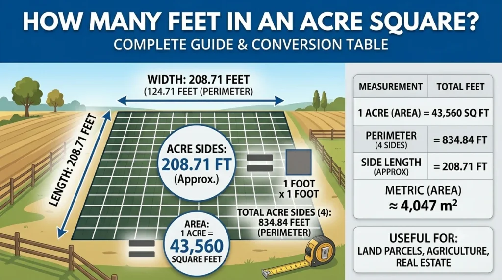 Infography is showing that How Many Feet in an Acre Square? Complete Guide