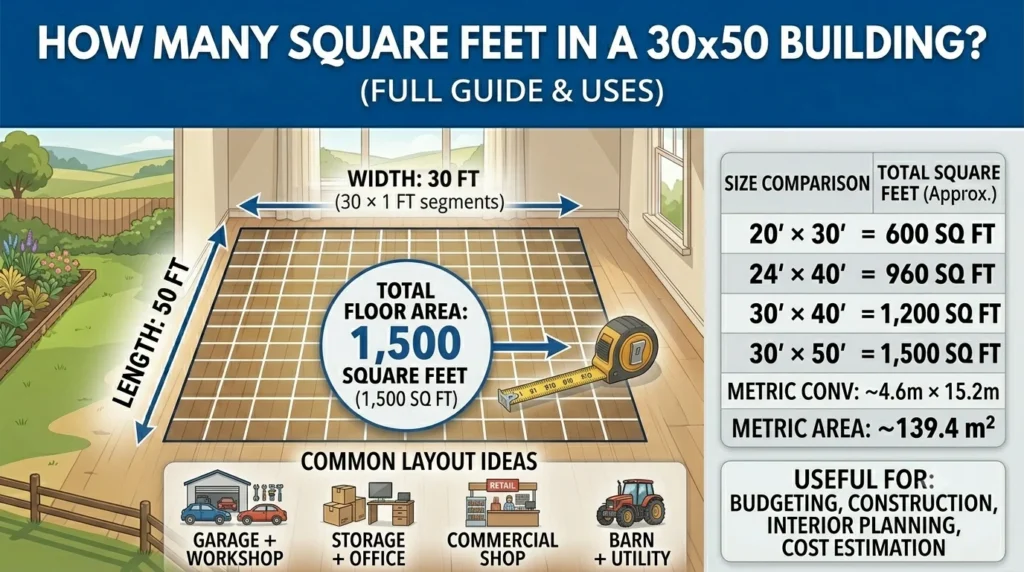 Infographic is showing that How Many Square Feet in a 30x50 Building? Complete Guide