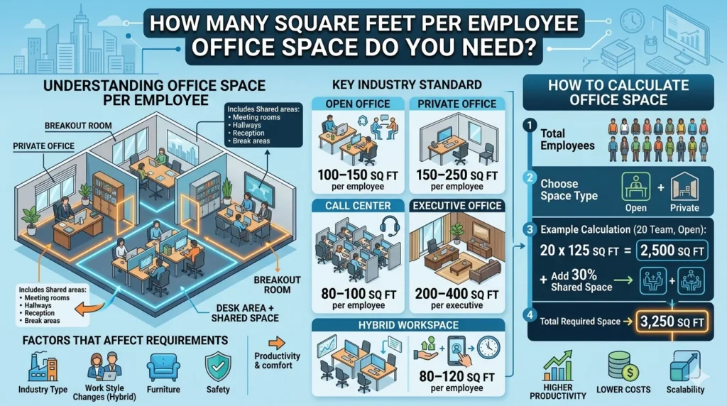 Infographic is showing that How Many Square Feet Per Employee Office Space Guide