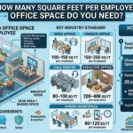 Infographic is showing that How Many Square Feet Per Employee Office Space Guide