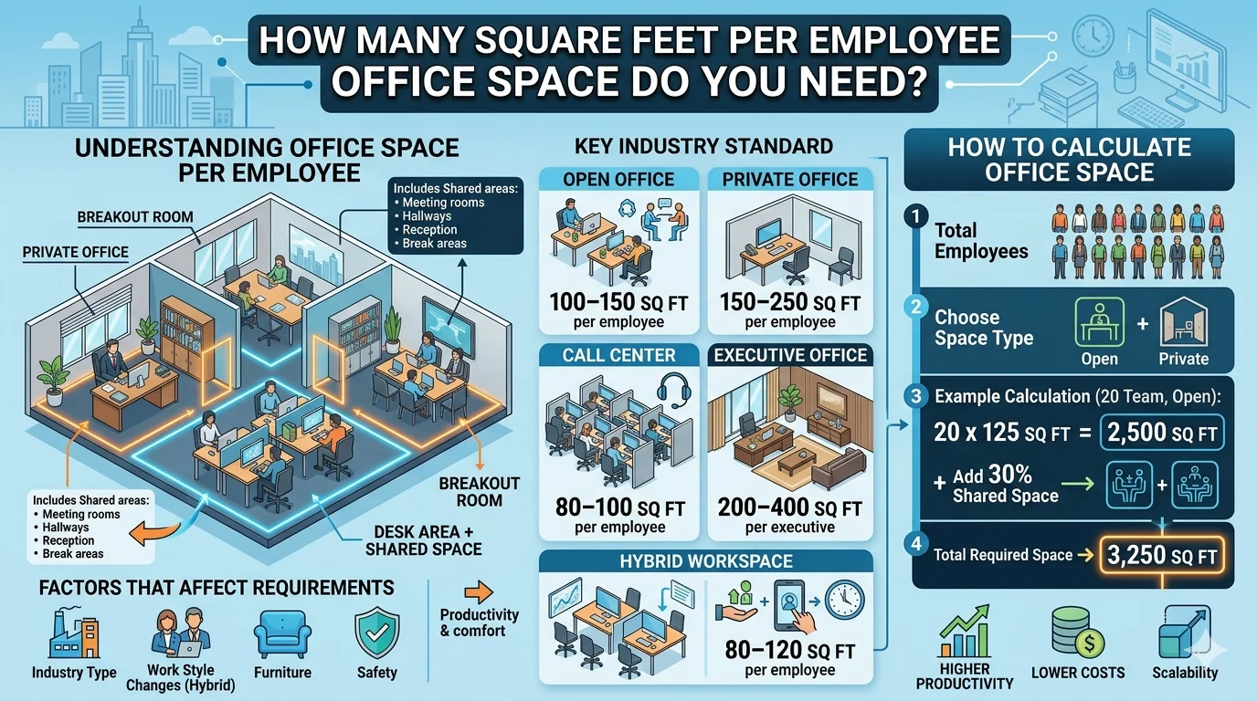 Infographic is showing that How Many Square Feet Per Employee Office Space Guide