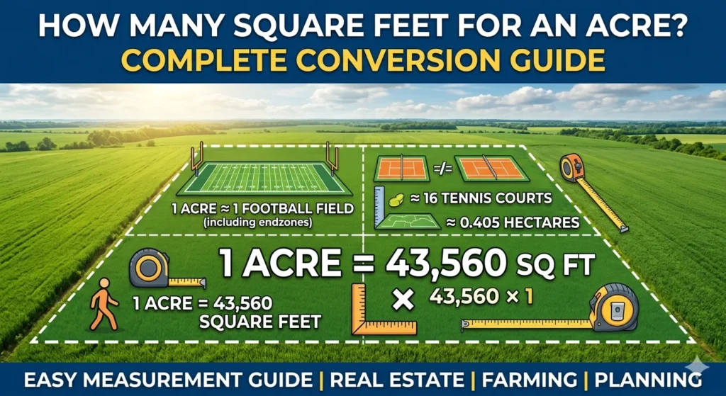 Infographic is showing that How Many Square Feet for an Acre? Complete Conversion Guide